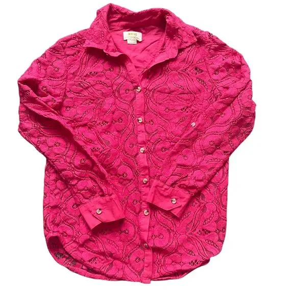 Anthropologie Womens Lace Button Down Sz 4 Pink Preppy Office Bright Colorful - Picture 2 of 7